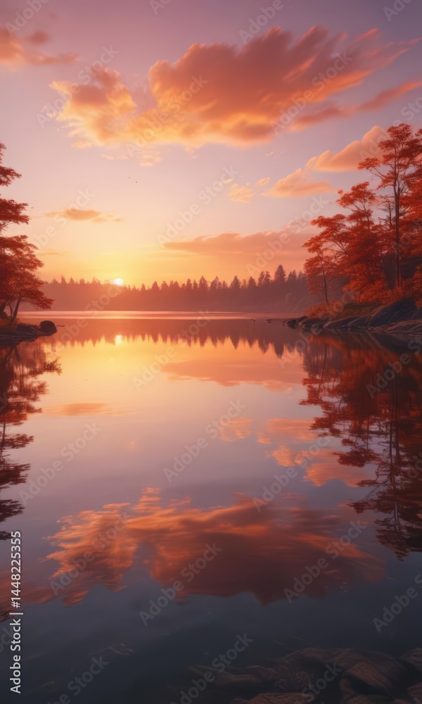 Serene sunset paints the calm lake with fiery hues ,  colors,  sunset colors,  nature photography