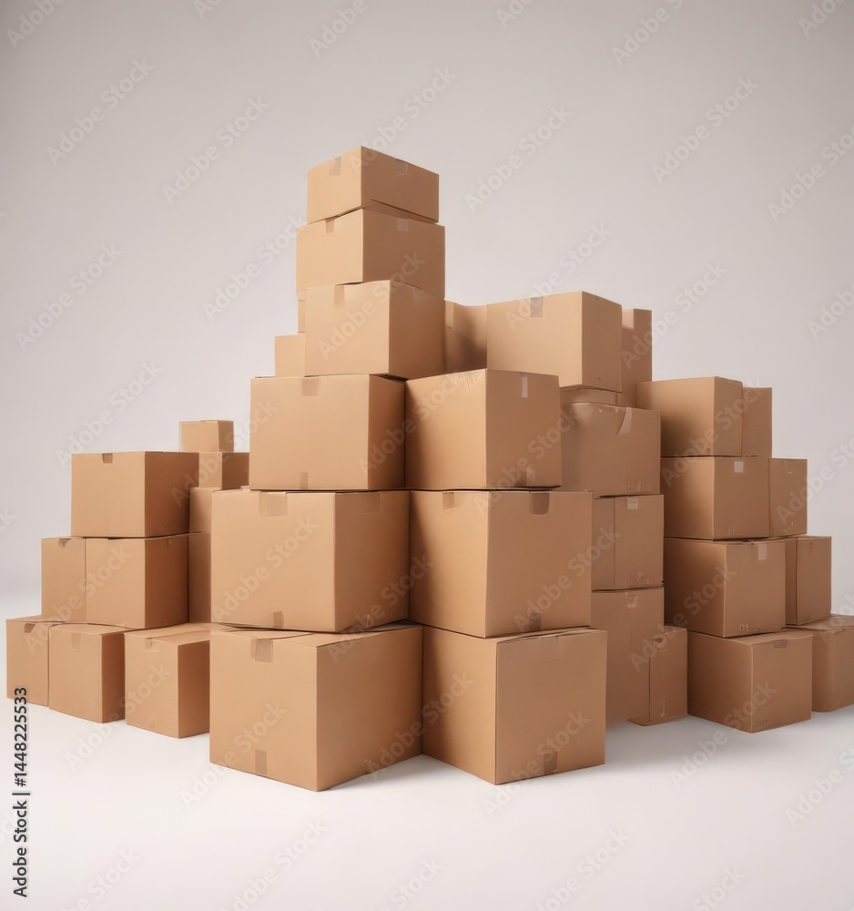 Neat stack of brown cardboard boxes on pristine white background , eco, waste Neat stack of brown cardboard boxes on pristine white background , eco, waste