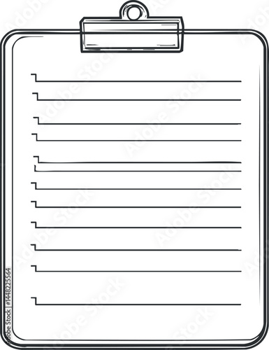 Black and white line art illustration of a clipboard with a checklist and blank lines for notes