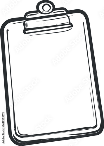 Black and white sketch illustration of a blank clipboard with a clip for holding paper