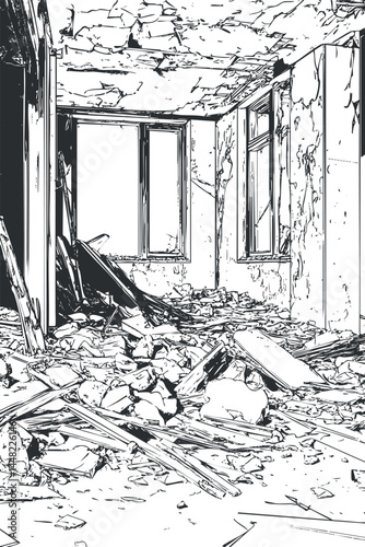 Black and white illustration of an abandoned and heavily damaged room with debris scattered across the floor and cracked walls