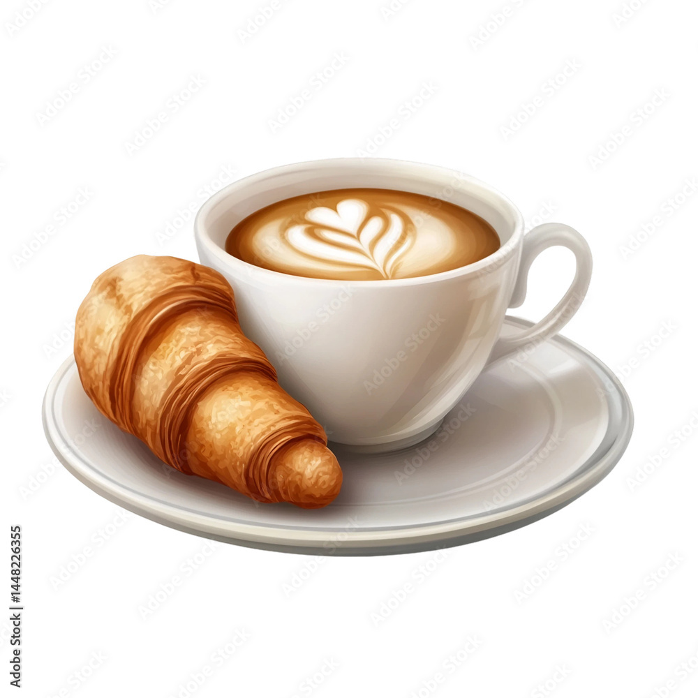 a cup of coffee with croissant on plate isolated on transparent background a cup of coffee with croissant on plate isolated on transparent background