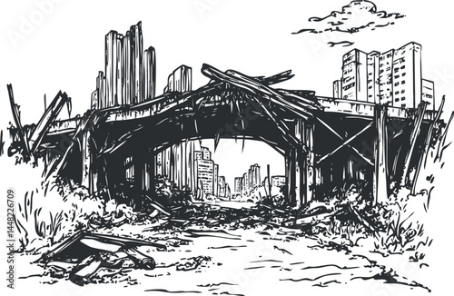Black and white sketch of a destroyed urban bridge with rubble and ruined buildings in the background