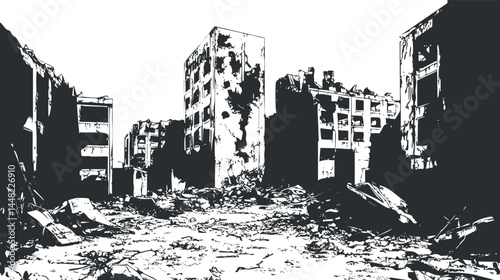 Black and white illustration of a destroyed urban area with ruined buildings and debris