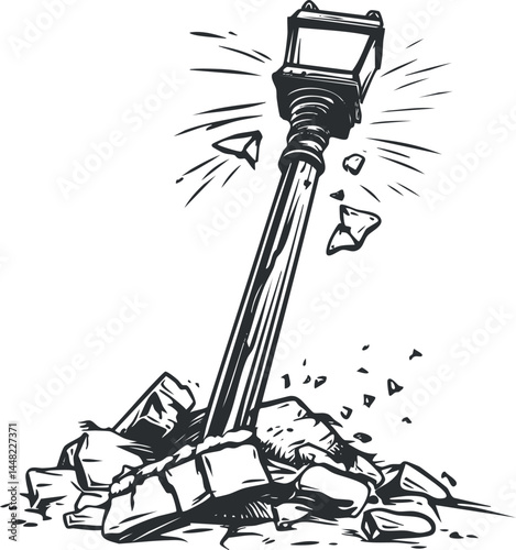 Black and white sketch of a broken streetlamp post surrounded by rubble and debris on a white background