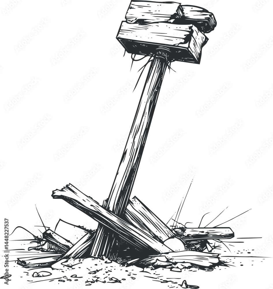 Obraz premium Black and white hand drawn illustration of a broken wooden hammer with splintered pieces scattered around