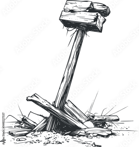 Black and white hand drawn illustration of a broken wooden hammer with splintered pieces scattered around