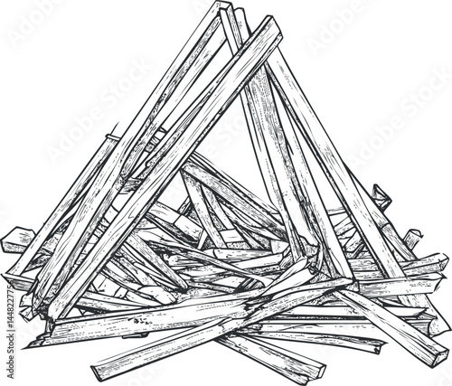Black and white sketch of a pile of wooden sticks and planks arranged randomly on a white background