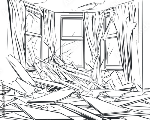 Black and white line art of a damaged room with broken windows, torn curtains, and debris scattered on the floor.
