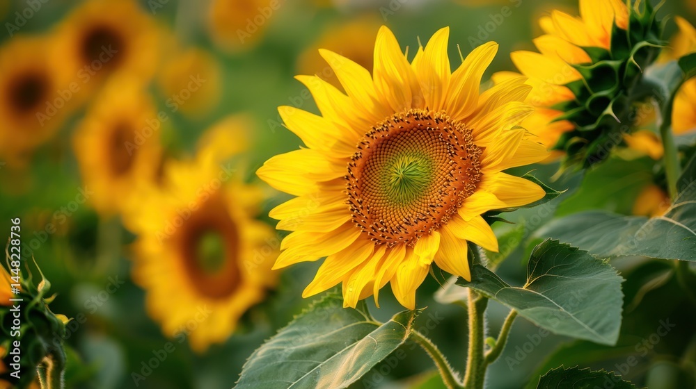 Fototapeta premium A close-up of fresh green and yellow sunflowers.
