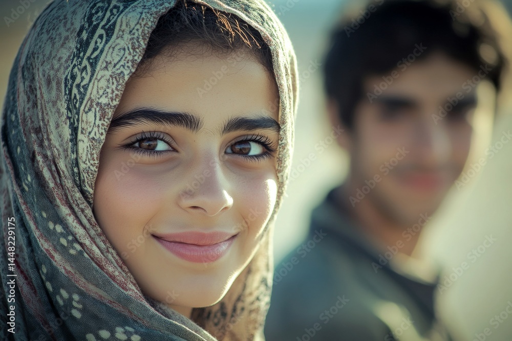 Commercial ad creative art. Valentine's day, lovers couple: dazzling dazzling, image of loving middle eastern young person couple. Sign of love and affection. Charming romance. Timeless love.