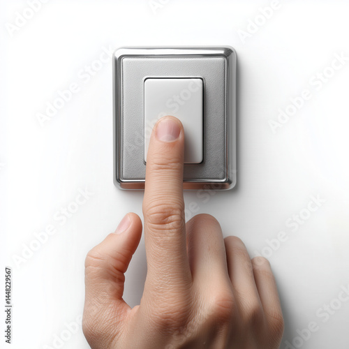 Human hands pressing light switch energy control isolated on white background