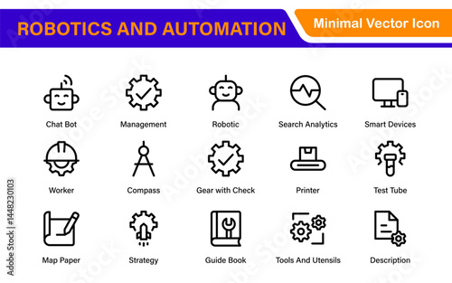 Futuristic Robotics and Automation Icon Pack – Clean Line Vector Illustrations for AI, Smart Tech, Industry 4.0, Innovation, Machine Learning
