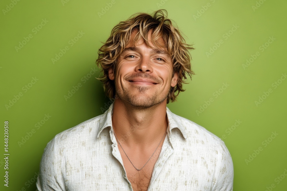 Green solid background. A dynamic male posing with grace and charm. Creative of style for aging men. Elegant men's wavy bob haircut - midlife white man with blond hair.