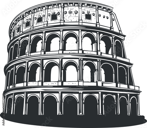 Black and white outline illustration of the ancient Roman Colosseum amphitheater, a famous historic landmark and architectural monument in Italy.