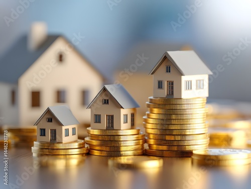 Miniature houses placed on stacks of gold coins symbolizing real estate investment and property value growth in the housing market.