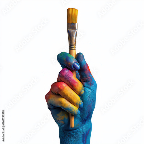 Human hands holding paintbrush with colorful paint artistic expression isolated on white background