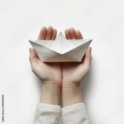 human hands holding paper boat symbolic journey concept isolated on white background