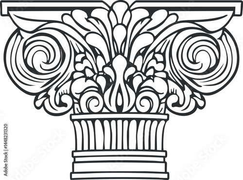 Detailed line drawing of a Corinthian column capital with ornate classical architectural design