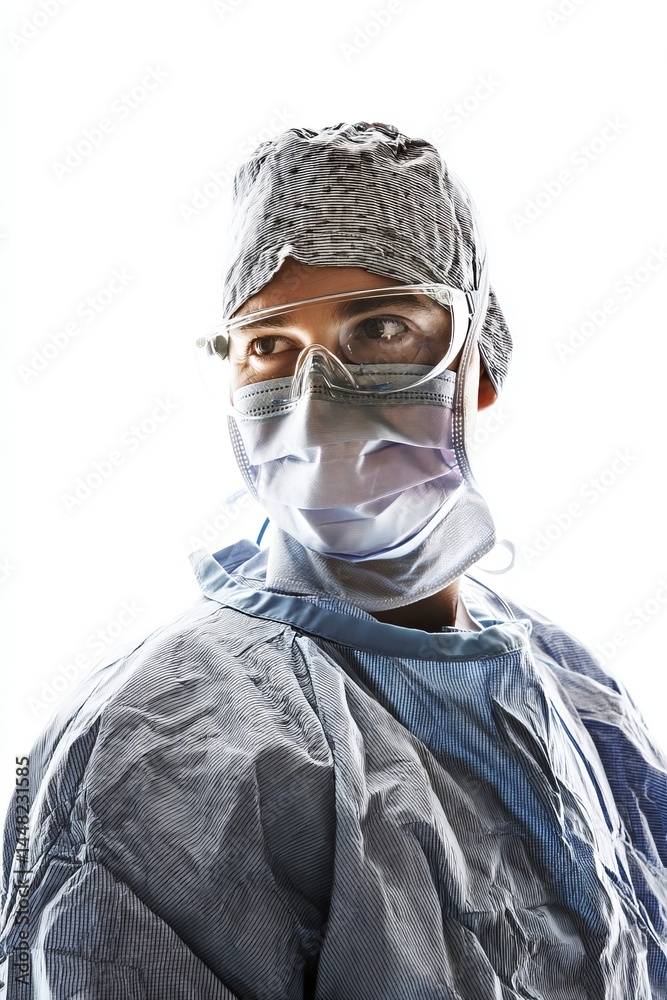 A surgeon, wearing a surgical mask and goggles, looks focused, ready for an operation. A surgeon, wearing a surgical mask and goggles, looks focused, ready for an operation.