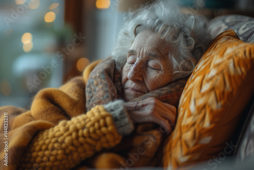 Elderly woman suffering from flu, lying on the sofa, experiencing sickness and high fever   