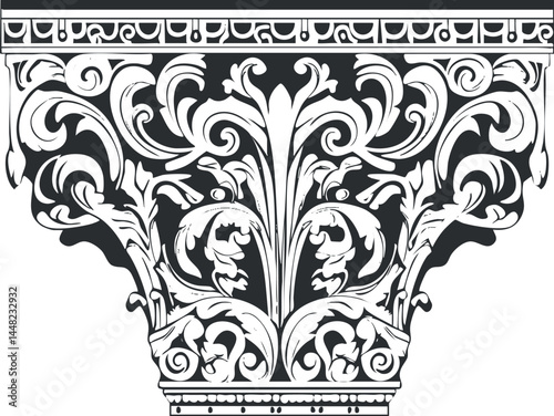 Detailed black and white illustration of a classical Corinthian column capital with ornate floral carvings and decorative patterns.