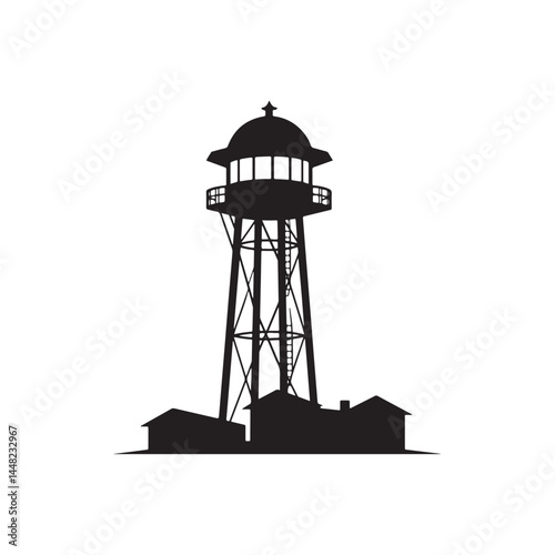 Black silhouette of a water tower with a ladder, representing rural and urban water storage solutions.