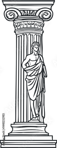 Black and white illustration of a classical architectural column with a caryatid statue standing as the support figure