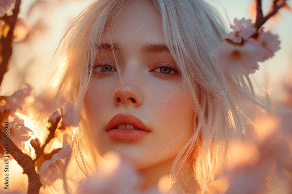 Commercial promotion conceptual art. Spring mood, golden hour in sunset. Stunning caucasian young woman surrounded by cherry blossoms. Lively woman in spring garden.