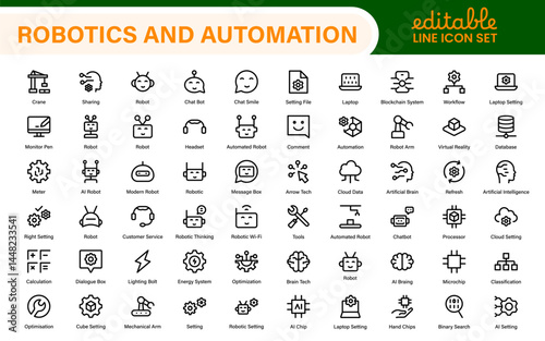 Futuristic Robotics and Automation Icon Pack – Clean Line Vector Illustrations for AI, Smart Tech, Industry 4.0, Innovation, Machine Learning