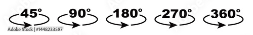 Arrow icon with 360, 270, 180, 90 and 45 degree. Arrow icons with rotate angles of 360, 270, 180, 90 and 45 degrees. 3d signs for panorama view. Round symbols with angles of turn. Vector.