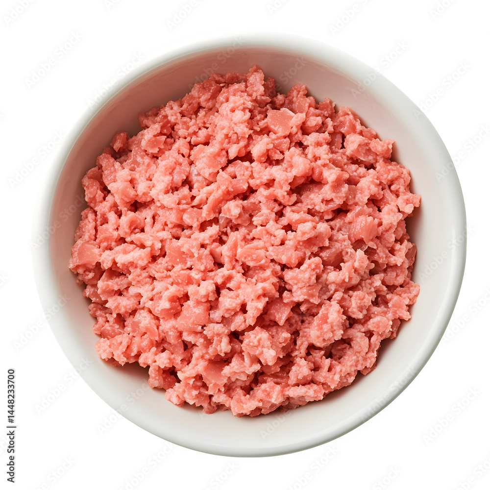 Minced meat in a white bowl isolated on white background Minced meat in a white bowl isolated on white background