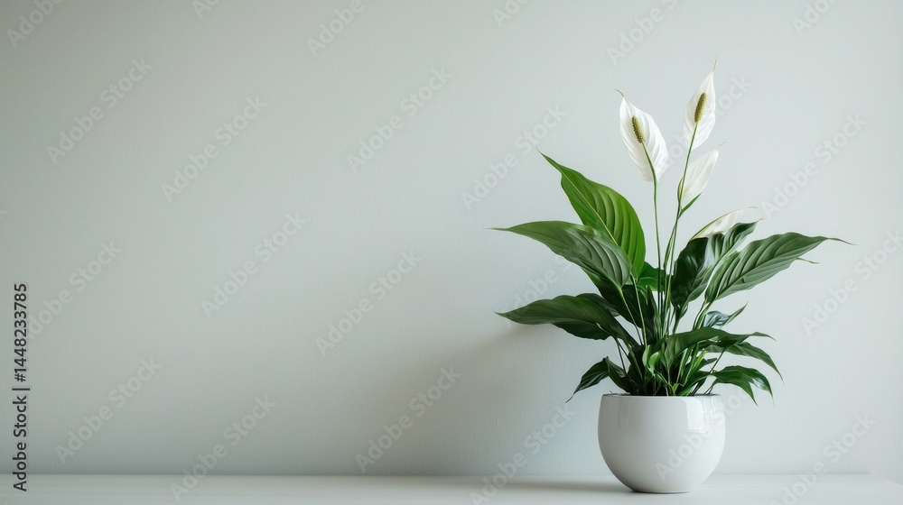 \ Minimalist workspace with a peace lily in a sleek ceramic pot