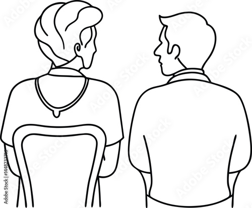 Conversation between people sitting together depicted in fluid continuous line art drawing style representing social interaction community and casual lifestyle scenes