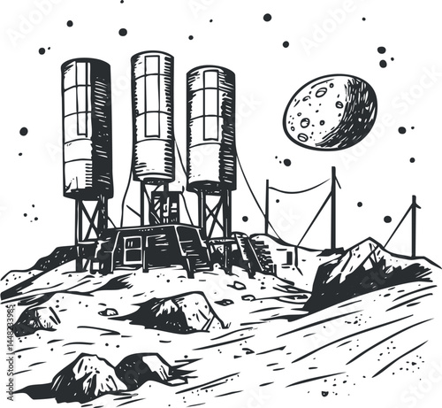 Black and white illustration of a futuristic moon base with tall structures and rocky lunar landscape
