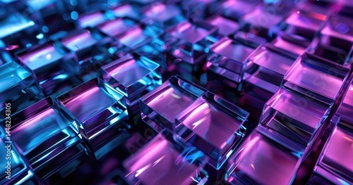 Abstract arrangement of illuminated glass blocks in vibrant blue and purple hues.