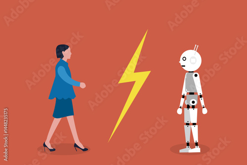 Artificial intelligence vs human. Business competition, conflict. Business woman with the robot collided in battle