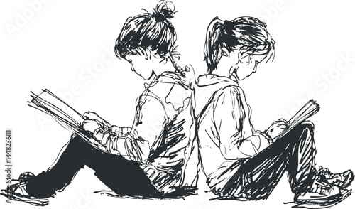 Black and white sketch of two children sitting back to back reading books concentrating on study and learning
