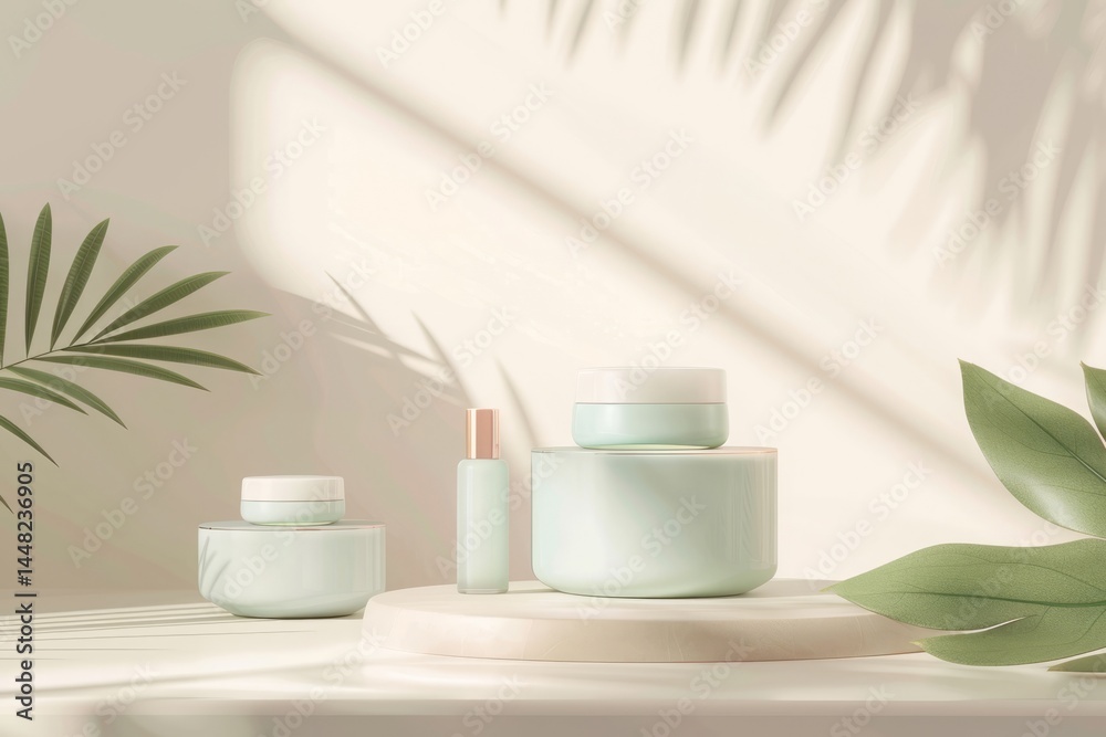 Minimalist Product Display with Green Foliage and Light Shadows Minimalist Product Display with Green Foliage and Light Shadows