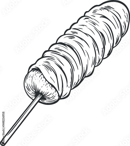 Black and white illustration of a spiral fried potato on a stick, a popular crispy street food snack.