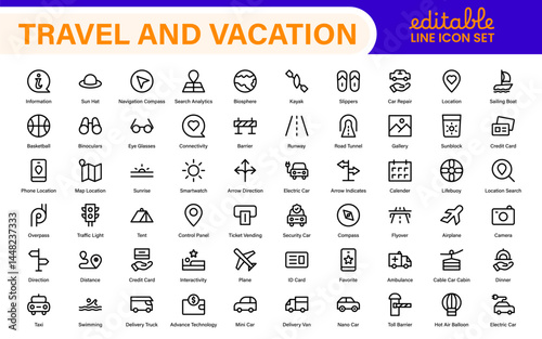 Travel and Vacation Outline Icon illustration. Editable line icon set.