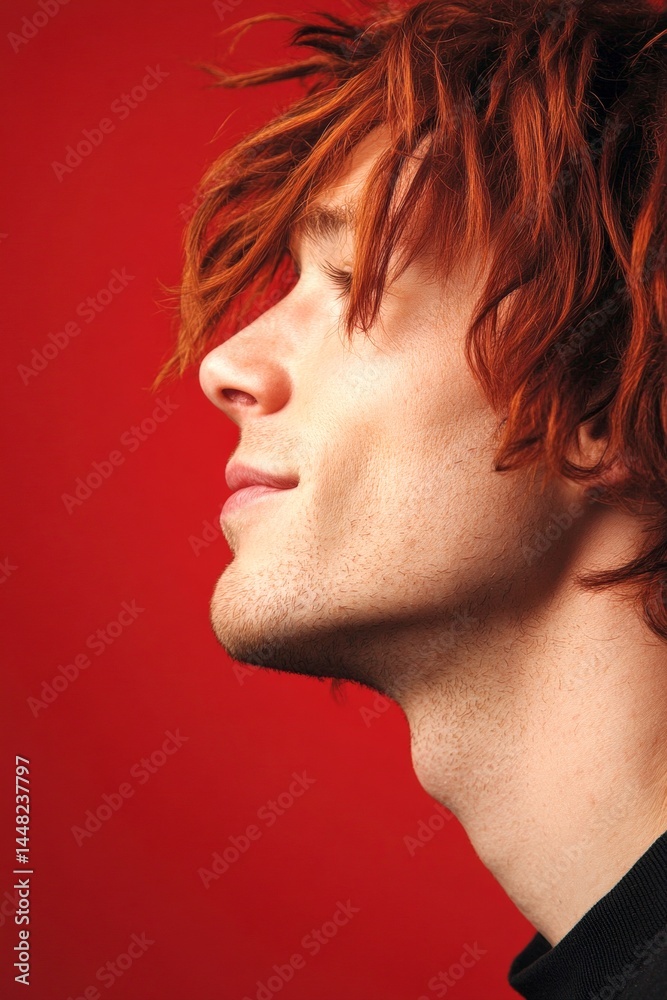 Red solid background. Visual idea of style for aging men. A classic and stylish male with a natural smile. Classy men's short dreads haircut - midlife white man with red hair.