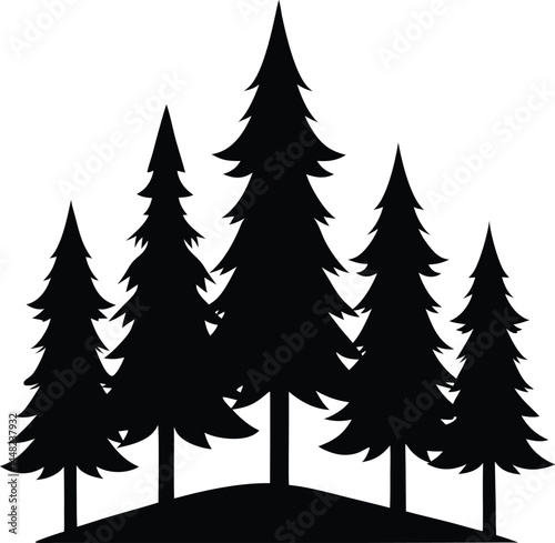 Pine tree silhouettes in a vector illustration using bold design elements for forest nature themed artwork outdoor posters graphic branding or decorative print use photo