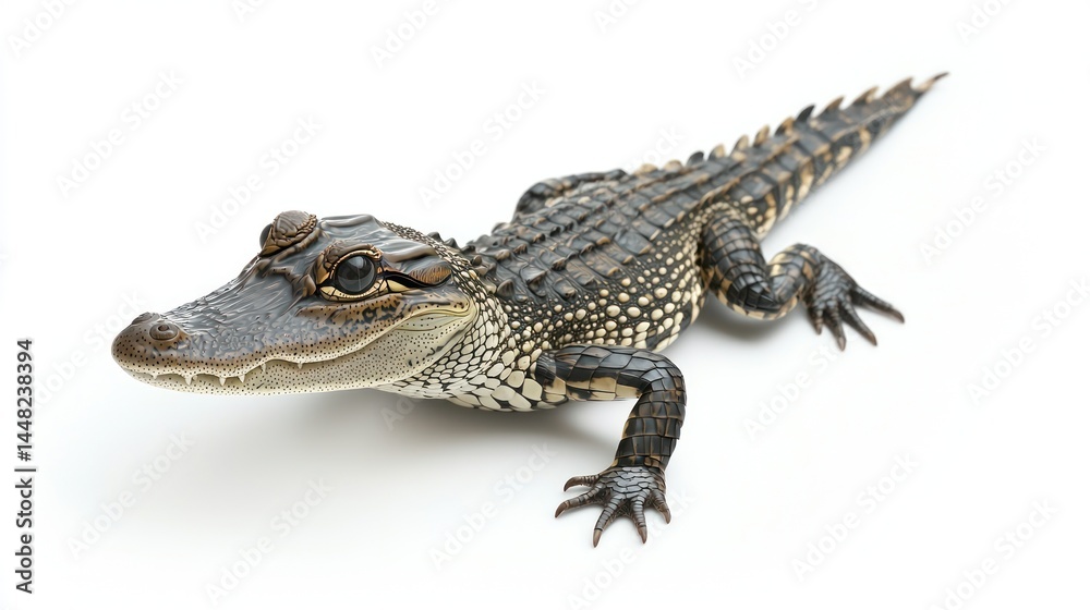 Fototapeta premium 360-degree view of a baby alligator swimming, white background