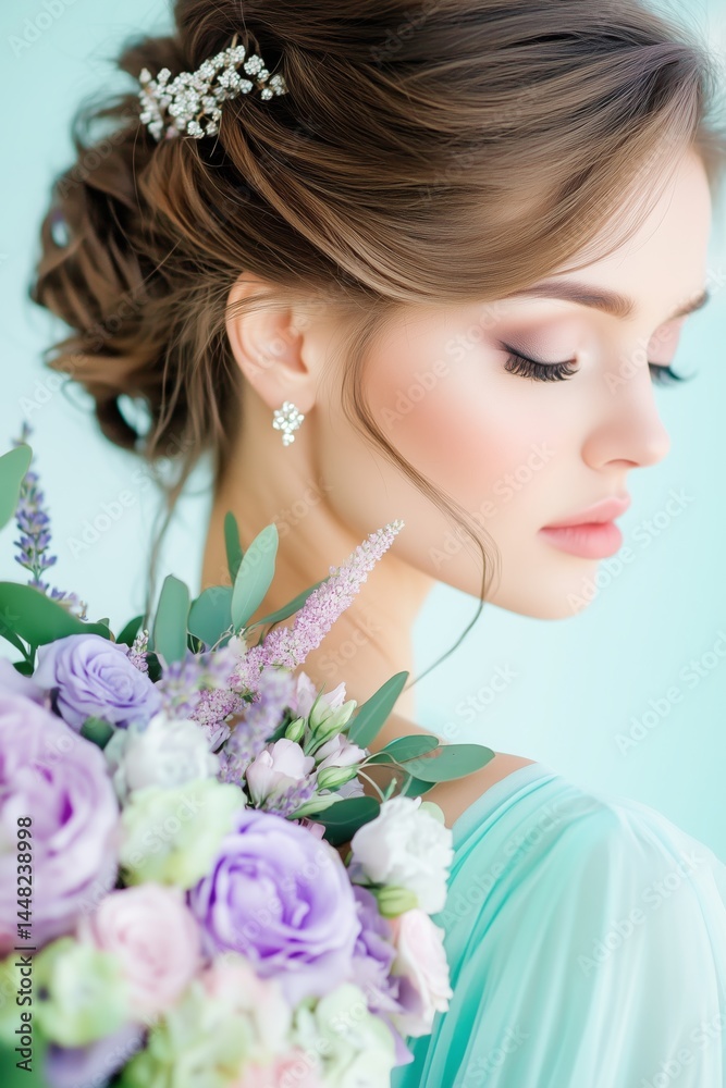 Naklejka premium Young woman with elegant updo and pearl hairpin holding pastel bouquet with closed eyes, wearing soft aqua dress against light blue background