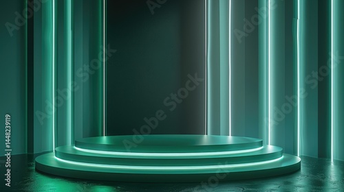 A modern stage design with glowing green lights and a circular platform.