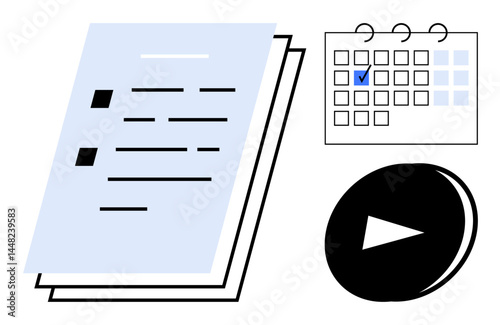 Stacked papers with lists, calendar highlighting a day, and play button indicate planning, time management, task progress, goals tracking. Ideal for productivity, workflow, scheduling deadlines