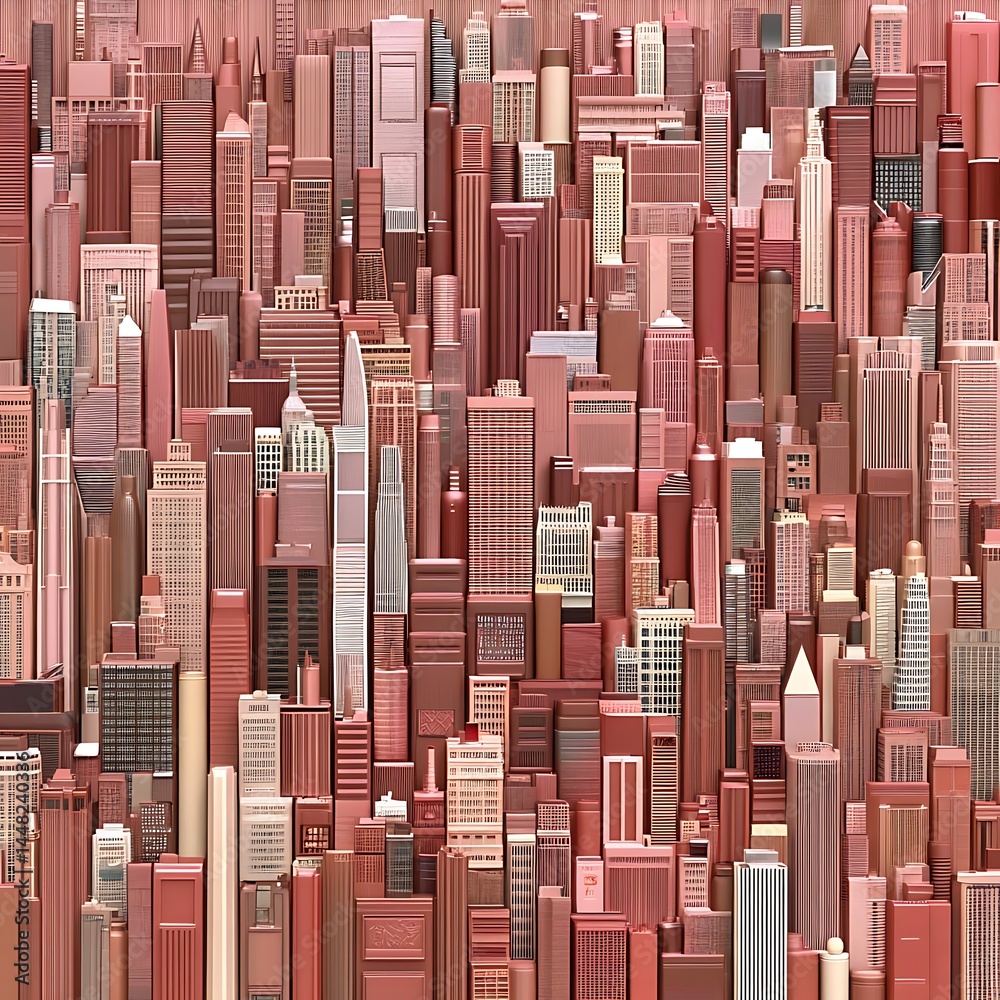 Obraz premium Abstract illustration of a dense cityscape, rendered in varying shades of red, pink, and beige. Buildings are depicted in a blocky, slightly pixelated style, creating a textured, almost three