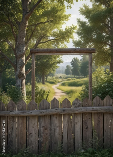 Realistic outdoor poster on weathered fence, scenic park setting,  photography,  environment