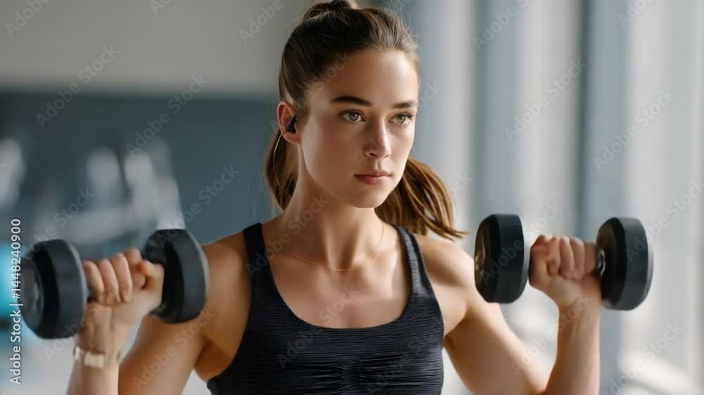 Dumbbell Workout: A determined female athlete focuses on her dumbbell exercise, embodying strength and discipline with a serene yet intense gaze, perfect for fitness-related imagery. Dumbbell Workout: A determined female athlete focuses on her dumbbell exercise, embodying strength and discipline with a serene yet intense gaze, perfect for fitness-related imagery.